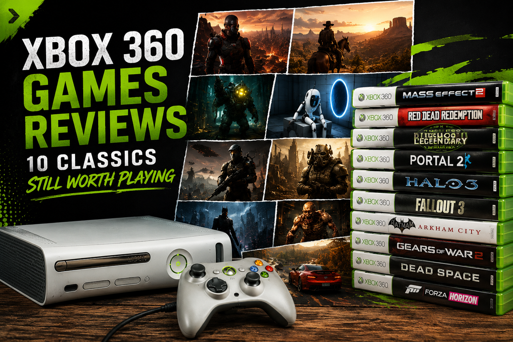 Xbox 360 games reviews featuring a classic console, controller, game cases, and a cinematic collage of 10 iconic gaming experiences.