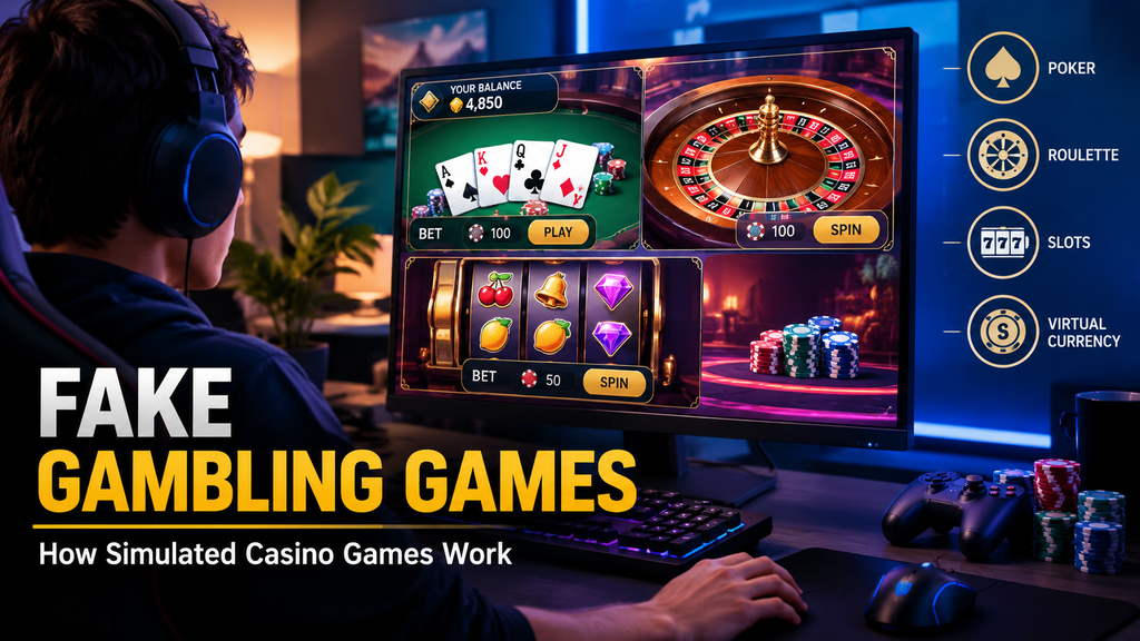Fake Gambling Games showing a simulated casino gaming interface with poker, roulette, slots, and virtual currency.