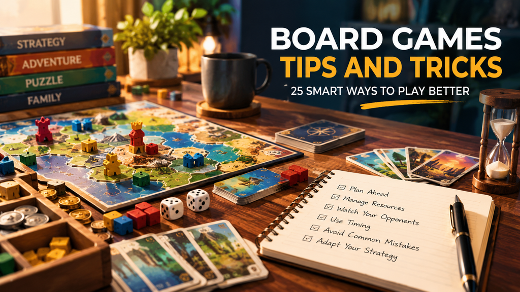 Board games tips and tricks infographic showing a strategic board game setup with colorful pieces, cards, resources, and key tips for planning, timing, and adapting strategy.