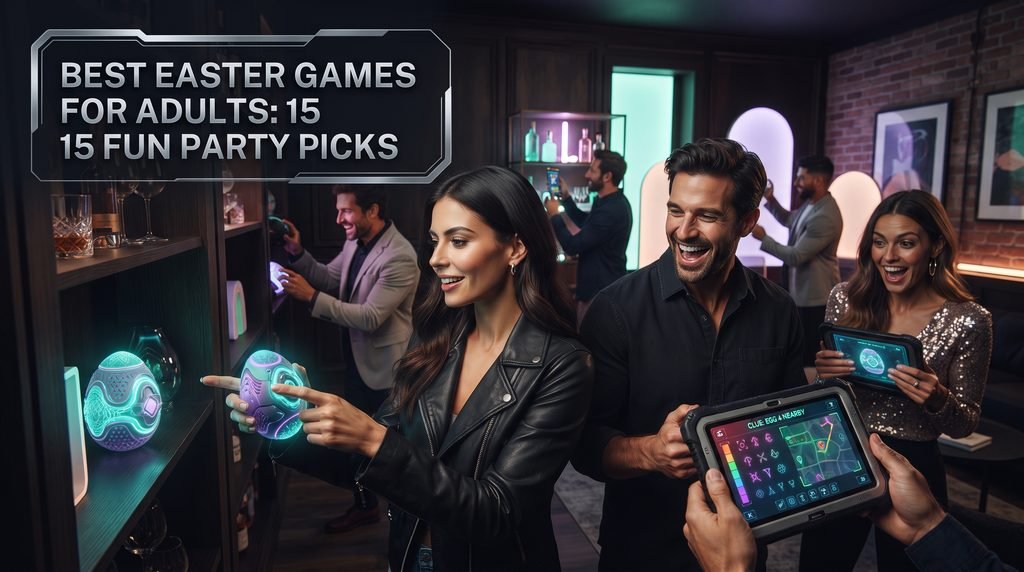 A cinematic editorial gaming photograph featuring a group of stylish adults in a moody lounge setting, participating in a high-tech mystery egg hunt. The scene is illuminated by soft neon pastel lighting in mint and lavender. One person holds a glowing, electronic fictional Easter egg device. The headline 'Best Easter Games for Adults: 15 Fun Party Picks' is seamlessly integrated into the composition with a sleek, digital aesthetic.