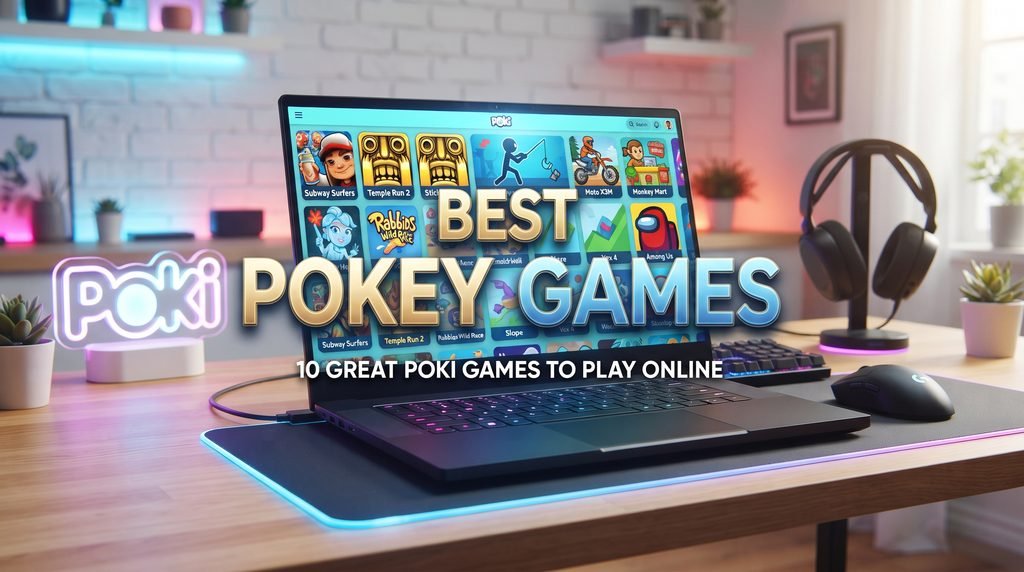 A professional gaming setup featuring a laptop displaying a colorful collage of web games, with the focus keyword 'Best Pokey Games' shown in elegant 3D typography.