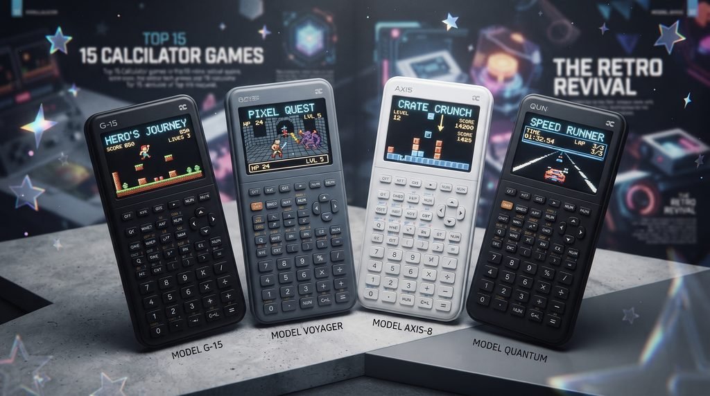 A high-end editorial tech magazine layout featuring four modern graphing calculators fanned out on a clean surface. Each screen shows a different fictional pixel-art game, including a platformer and a dungeon crawler. The background is softly blurred with cinematic lighting and subtle star-rating graphics, giving it a premium gaming journalism feel.