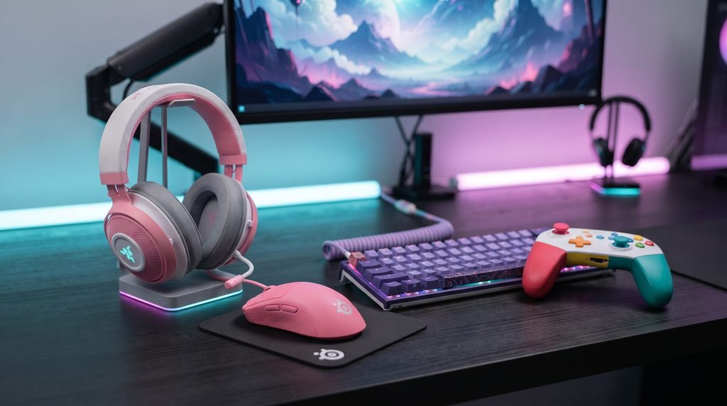 Colorful gaming setup with pink, purple, white, and blue gaming peripherals arranged on a modern desk