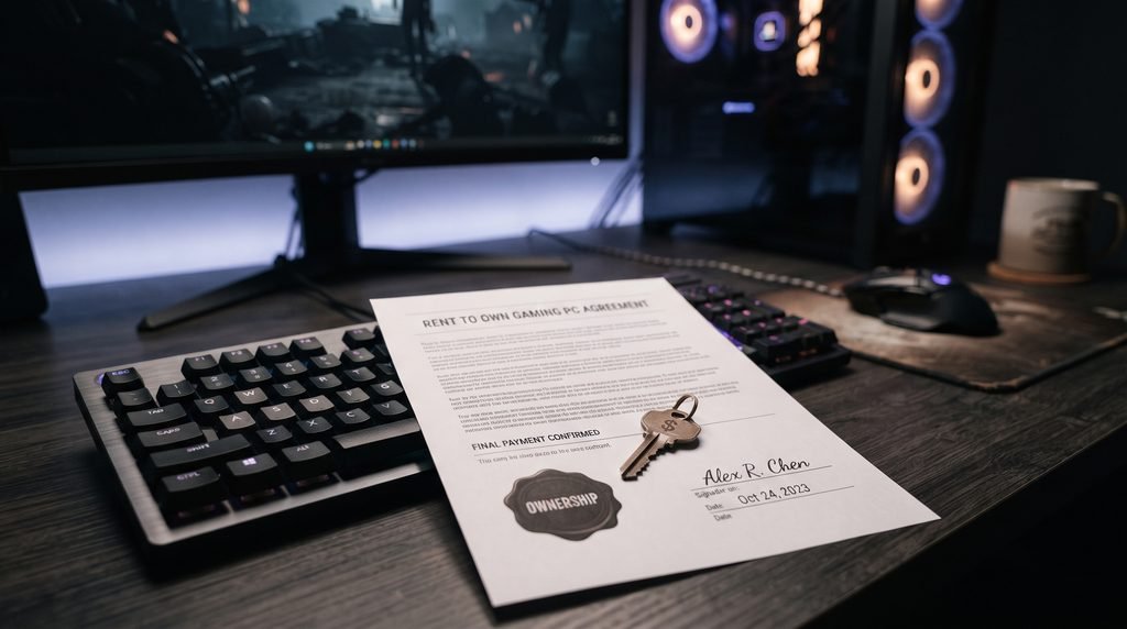 "A professional prebuilt gaming desktop with a glass side panel on a desk next to a calculator and financial sheet, representing a rent-to-own gaming PC agreement."