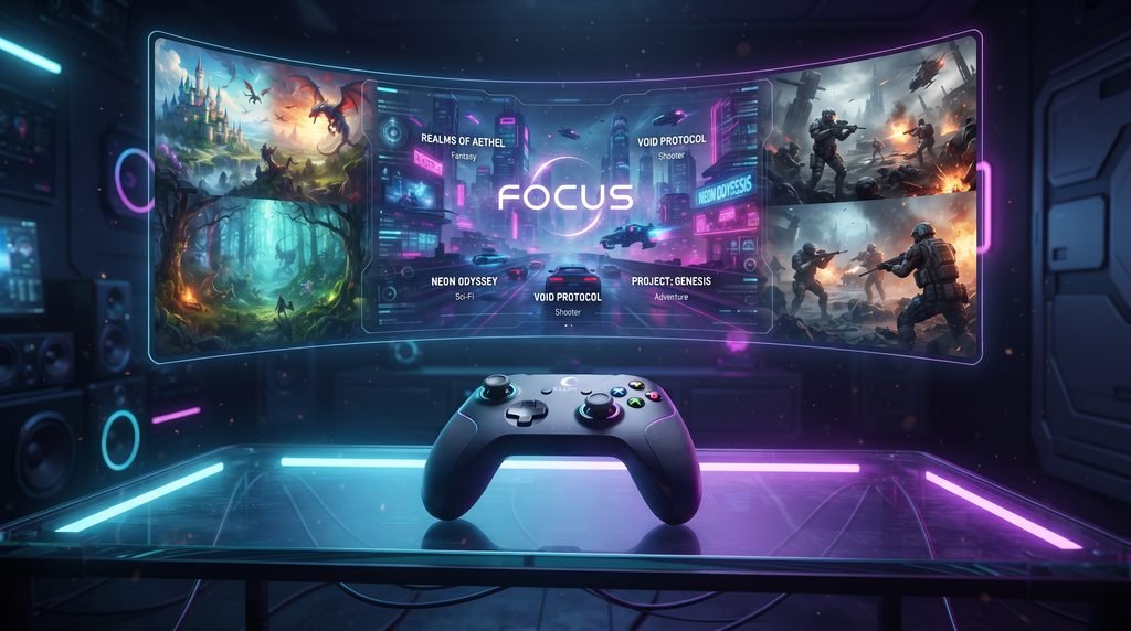  A high-tech gaming station featuring a sleek controller on a glowing glass desk, with a holographic display showcasing upcoming 2026 game worlds and the integrated keyword FOCUS.