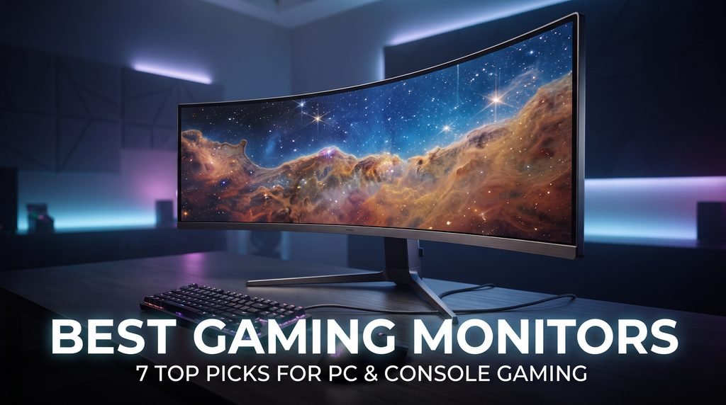 "A premium curved ultrawide display highlighted as one of the best gaming monitors for PC and console gaming, featuring a cinematic nebula screen in a modern studio environment."