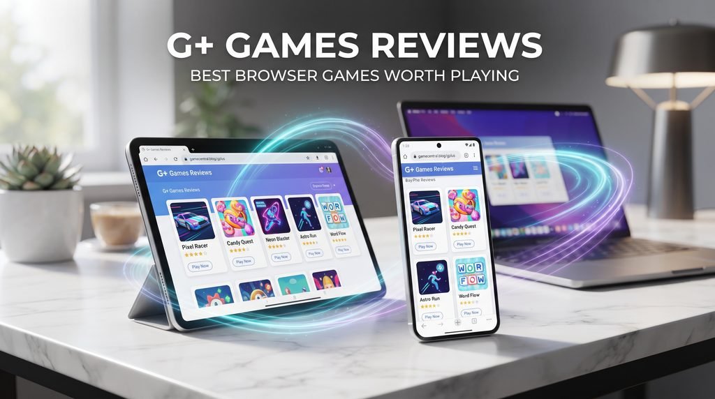 G+ Games Reviews browser gaming scene showing a laptop, tablet, and smartphone displaying a variety of fictional browser games.