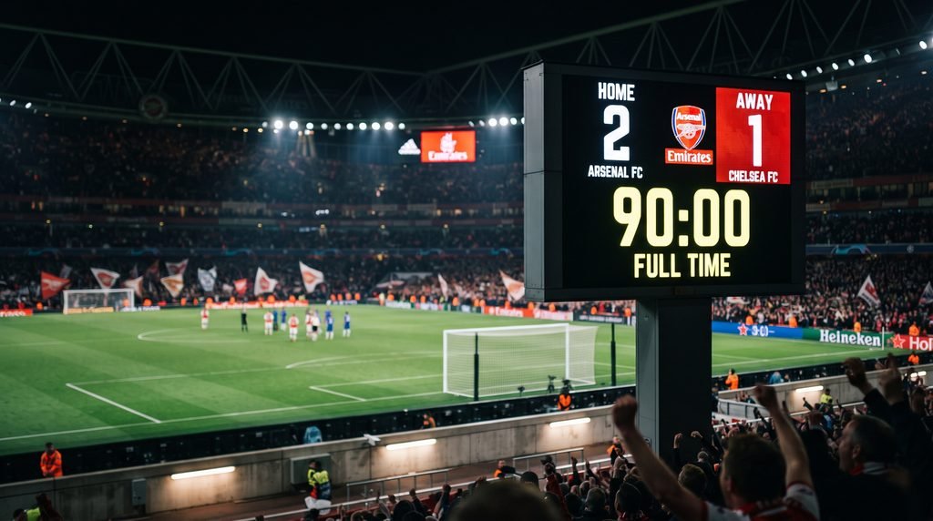 A professional sports photograph of a glowing digital stadium scoreboard displaying '90:00'. The scoreboard is set against dramatic stadium lighting with a blurred soccer pitch in the background, conveying the final moments of a match.