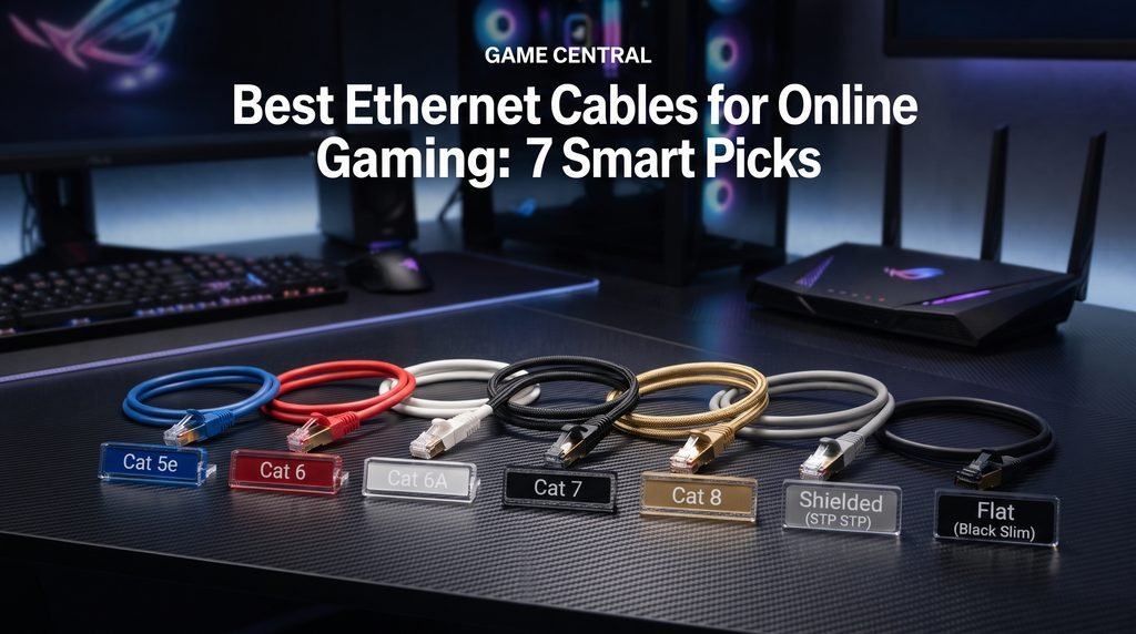 Professional editorial comparison showing the best Ethernet cables for online gaming, featuring labeled Cat 5e, Cat 6, Cat 7, and Cat 8 cables on a gaming desk with a PC and router in the background.