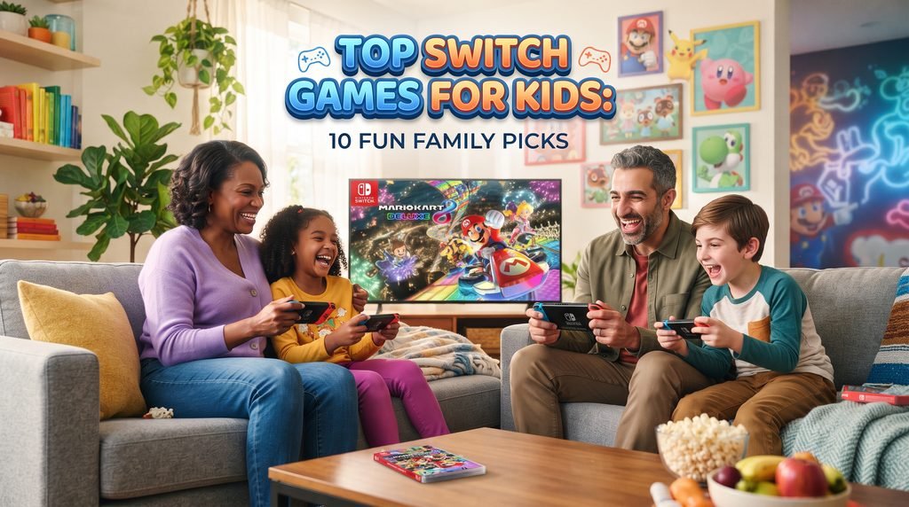 A joyful family playing video games together in a bright living room with the stylish 3D title "Top Switch Games For Kids" displayed prominently, featuring a colorful collage of playful game characters in the background.