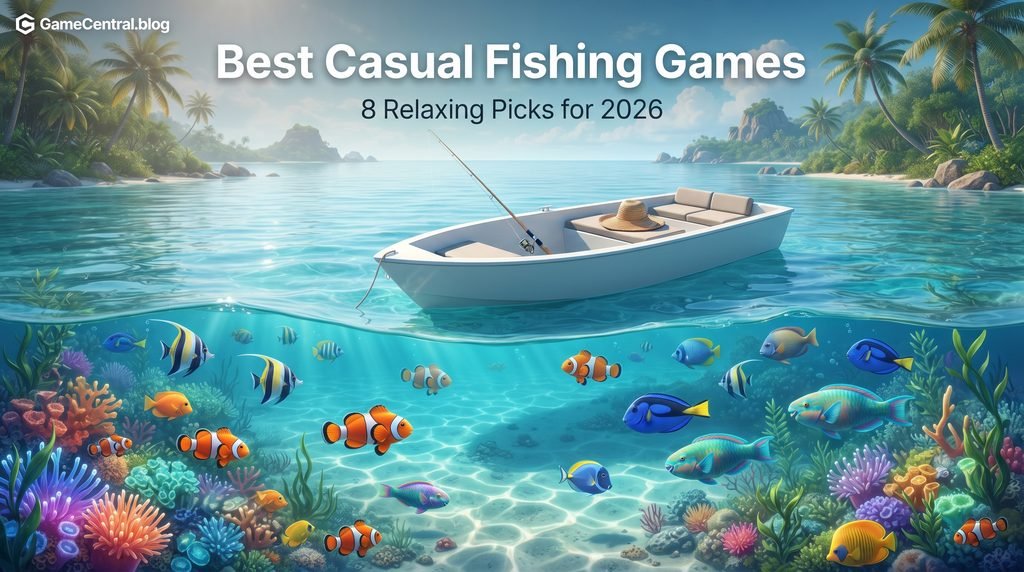 Top-down editorial view of a tropical lagoon with vibrant coral and stylized fish, featuring the text 'Best Casual Fishing Games' as a professional gaming feature image."
