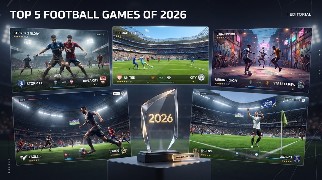 A professional editorial-style composite image for a 2026 football game review. The layout features multiple overlapping panels showing diverse virtual football matches, including a rain-soaked pitch, a sunlit stadium, and urban street soccer. In the foreground, a sleek, translucent '2026' digital trophy sits alongside subtle graphical user interface elements like star ratings and performance graphs, set against a cinematic, high-contrast sports photography background.