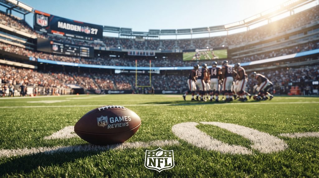 Professional editorial gaming feature image for NFL Games Reviews, showing a cinematic close-up of a football on a sunny stadium turf with players huddling in the background."