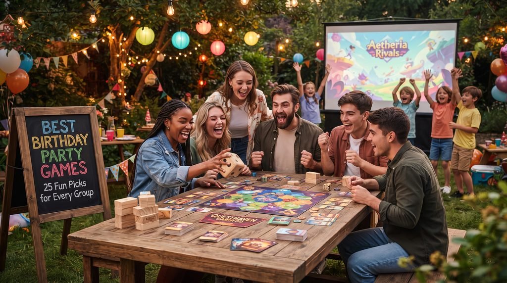 "Premium editorial photography of a vibrant outdoor garden celebration where friends are playing competitive Best Birthday Party Games at a wooden table under string lights with a projector screen in the background."