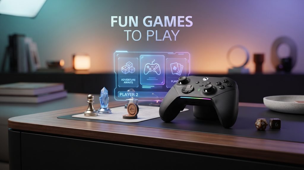 "A professional studio photograph showcasing fun games to play, featuring a modern gaming controller and board game pieces on a sleek surface with clean, graphic text."