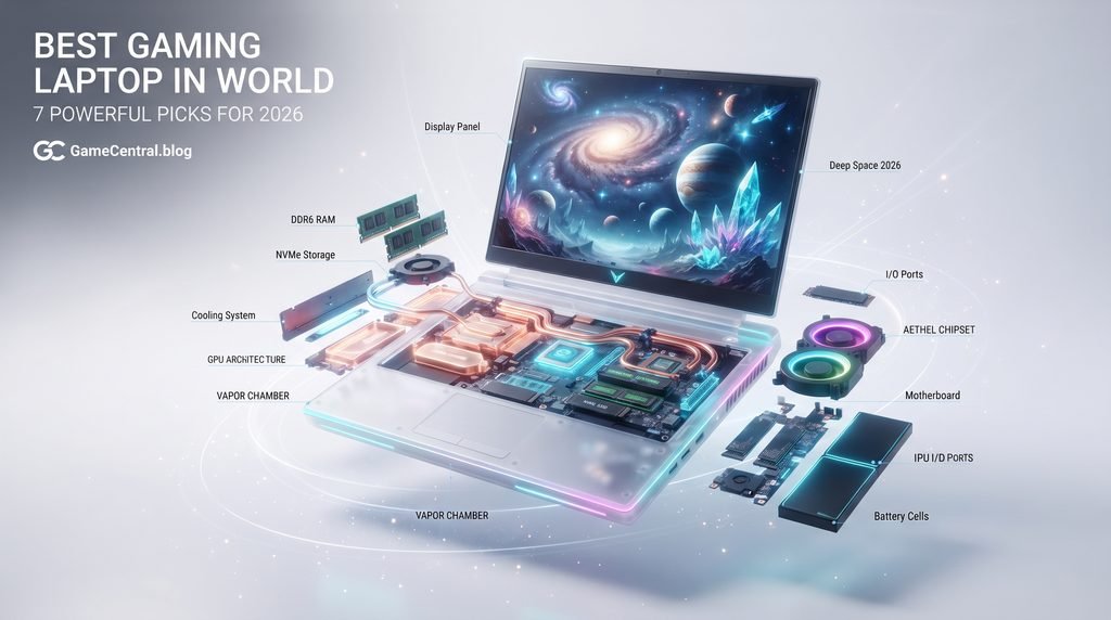 A professional editorial photo of a sleek, charcoal-gray flagship gaming laptop centered on a dark, sophisticated desk. The screen displays a vibrant futuristic fictional game world. Subtle cyan and violet light illuminates premium hardware accessories, with modern typography in the top-left reading 'BEST GAMING LAPTOP IN WORLD: 7 POWERFUL PICKS FOR 2026'.