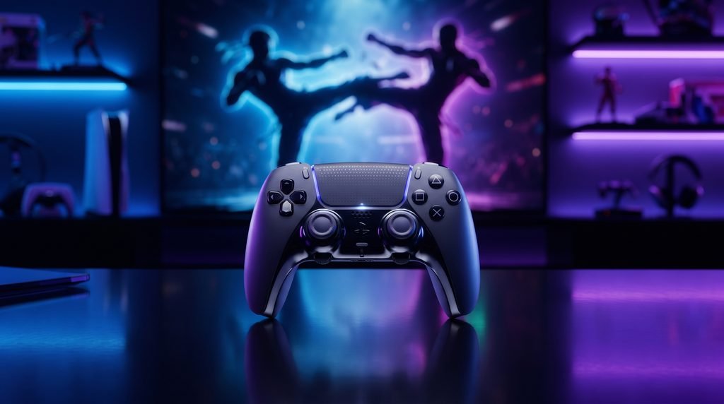 Best PlayStation fighting games featuring a gaming controller in front of dramatic blue and purple fighting action scenes.