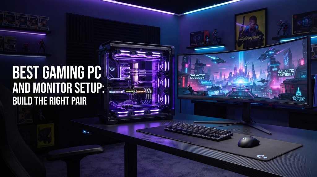 A futuristic open-chassis custom PC with liquid cooling next to a dual-monitor gaming setup. The composition is a dramatic, low-angle shot on a dark glass desk, featuring the text "Best Gaming PC and Monitor Setup: Build the Right Pair."