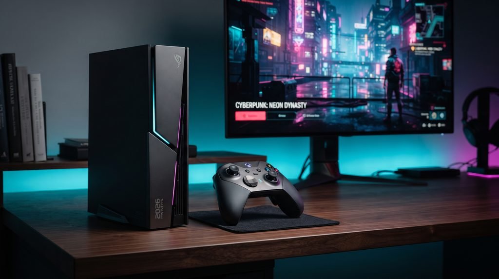 Professional product photography for a 2026 tech editorial, featuring a sleek, modern gaming console and ergonomic controller on a minimalist dark wood desk. A high-end OLED monitor in the background displays a vibrant game environment with cinematic, ambient lighting.