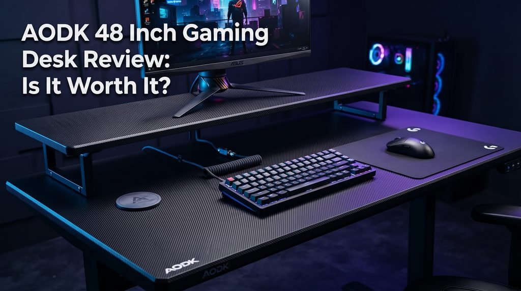 A professional studio product photograph of the AODK 48-inch gaming desk, focusing on the dark carbon-fiber desktop and raised monitor shelf. A sleek monitor and mechanical keyboard are visible under high-contrast blue and purple rim lighting. The text 'AODK 48 Inch Gaming Desk Review: Is It Worth It?' is overlaid in a modern white sans-serif font.