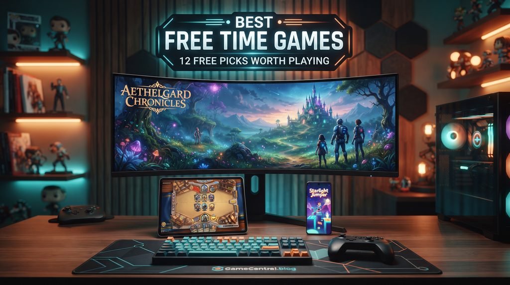 A sophisticated modern gaming setup featuring a large curved monitor, tablet, and smartphone displaying a variety of fictional original games, titled "Best Free Time Games" for a professional editorial feature.