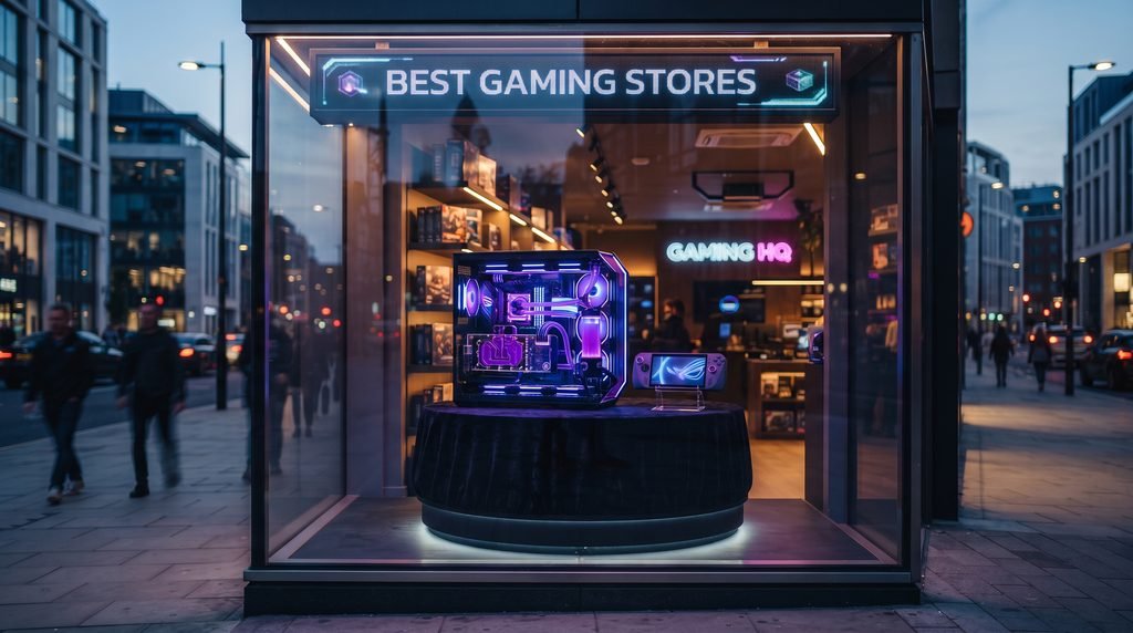 "A premium storefront window display of a gaming specialty shop at dusk, showcasing a high-end liquid-cooled gaming PC and handheld console. A glowing digital sign above the window features the focus keyword 'Best Gaming Stores'."
