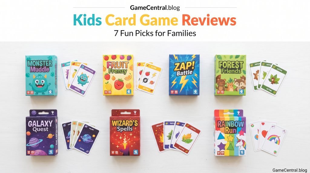 A professional editorial photograph for a Kids Card Game Reviews article, showing children and adults playing with a variety of colorful fictional card games on a warm wooden table.