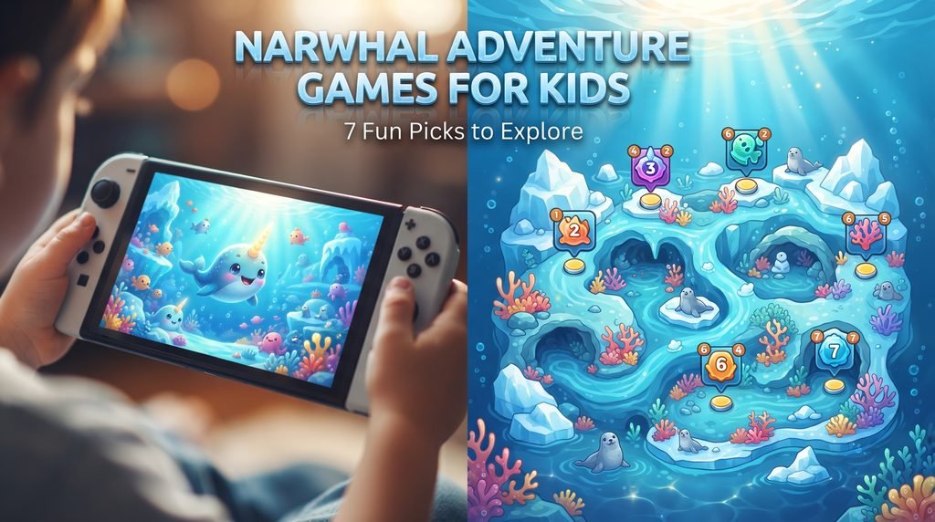 "Professional editorial image for a gaming blog featuring a cute narwhal swimming in a vibrant, family-friendly underwater Arctic environment. A gaming tablet in the foreground displays a narwhal adventure game, with the phrase 'Narwhal Adventure Games for Kids' integrated as a 3D element in the clear blue water."
