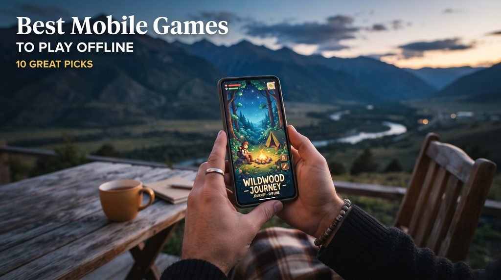 "A traveler playing the best mobile games to play offline on a smartphone while overlooking a mountain landscape at sunset, featured in a premium editorial style."