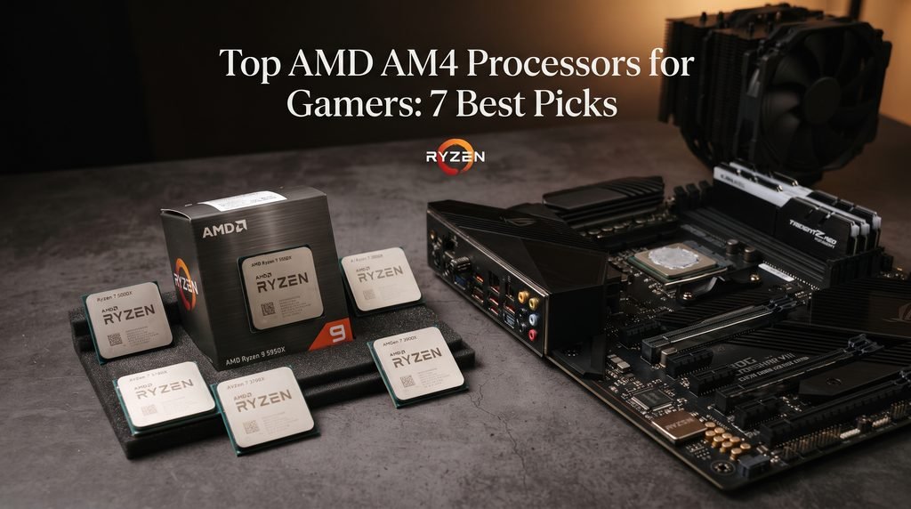 "Professional studio photography of a high-end motherboard and several top AMD AM4 processors for gamers arranged for comparison, featuring realistic textures and shallow depth of field."
