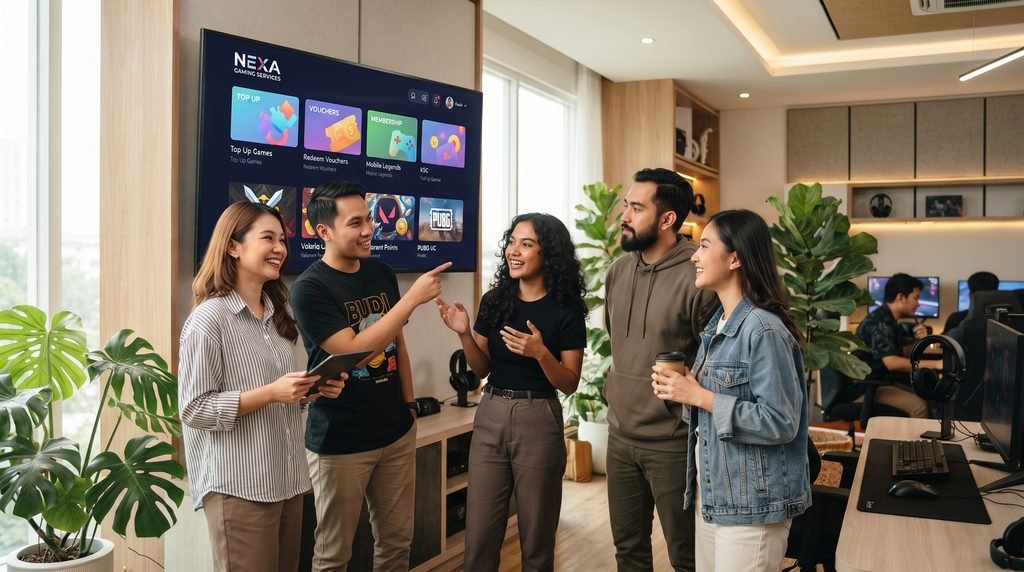 "A professional editorial image of a modern digital gaming marketplace. A smartphone and laptop on a sleek desk display a brand-neutral top-up interface with abstract currency icons and digital vouchers, accompanied by a modern gaming controller in a polished, Southeast Asian-inspired setting."