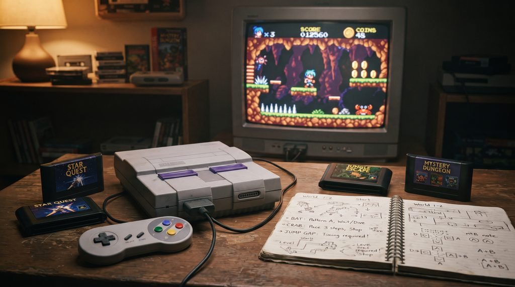 A cinematic close-up of a player's hands holding a retro wired controller in a dimly lit room with purple and teal ambient lighting. Overlaid on the scene are glowing cyan digital HUD elements, including a mini-map, health bars, and a tutorial box displaying button combo sequences (Y-B-X), emphasizing a technical and data-driven approach to mastering classic games.