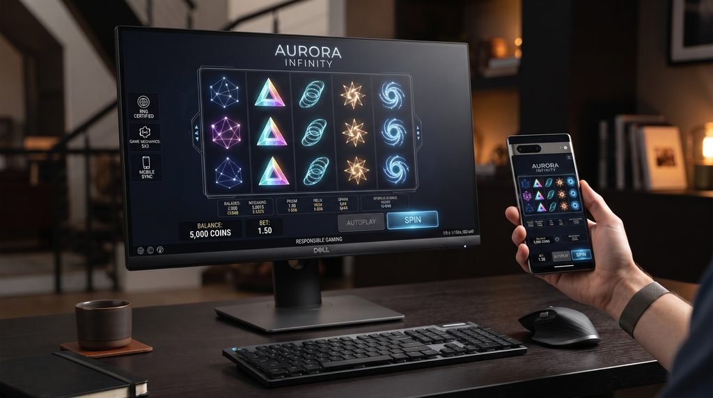 "A professional editorial image showing a fictional online slot game interface on a modern smartphone and desktop monitor. The screens display abstract reels and mechanical icons with a focus on RNG mechanics and interface design, set in a sophisticated studio environment with premium lighting."