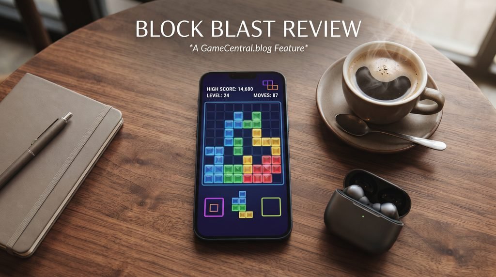 Professional editorial feature image showing a modern smartphone displaying a strategic geometric puzzle board for a Block Blast Review."