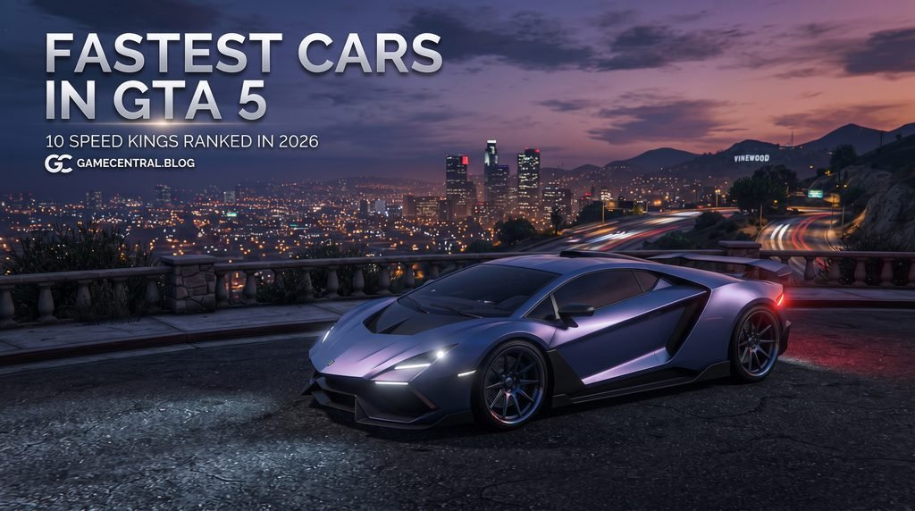 Professional editorial gaming feature image showcasing the Fastest Cars in GTA 5 racing at high speed on a Los Santos-inspired urban freeway at sunset, featuring sleek performance supercars and modern sports coupes."