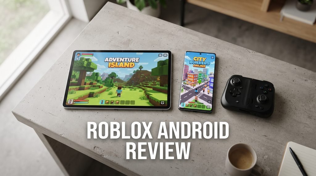 Professional editorial image for a Roblox Android Review featuring a gamer holding a modern smartphone in landscape mode with a colorful, blocky 3D multiplayer game on the screen.