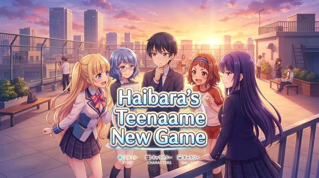 A professional anime-style illustration for Haibara's Teenage New Game, featuring a thoughtful teenage male protagonist standing on a vibrant high school rooftop at sunset, surrounded by several attractive and diverse female classmates, with the series title integrated as a stylish game UI element.