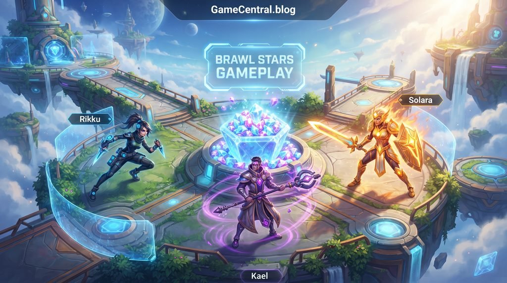 Professional gaming editorial illustration of original heroes in a strategic 3v3 gem-battle on a floating sky-island arena, featuring the focus keyword 'Brawl Stars Gameplay' as a glowing holographic projection.
