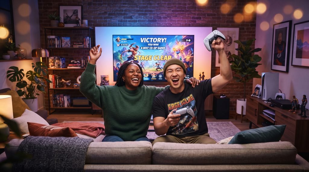Two gamers sit side-by-side on a couch in a modern, stylish living room, holding controllers and leaning forward with focused, joyful expressions. They are backlit by the colorful ambient glow of a large television screen, celebrating a shared victory in a cinematic, high-quality setting.