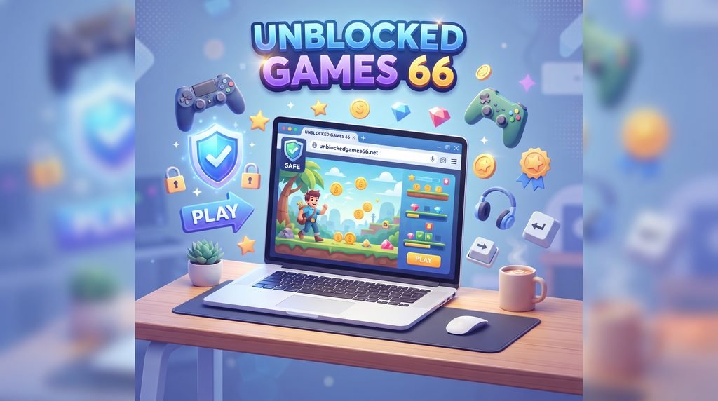 A 3D isometric illustration of a modern laptop on a sleek desk, displaying a colorful game interface with floating icons of game controllers, safety shields, and a play button. The text 'Unblocked Games 66' is prominently featured in a stylish font against a professional blue and purple gradient background.