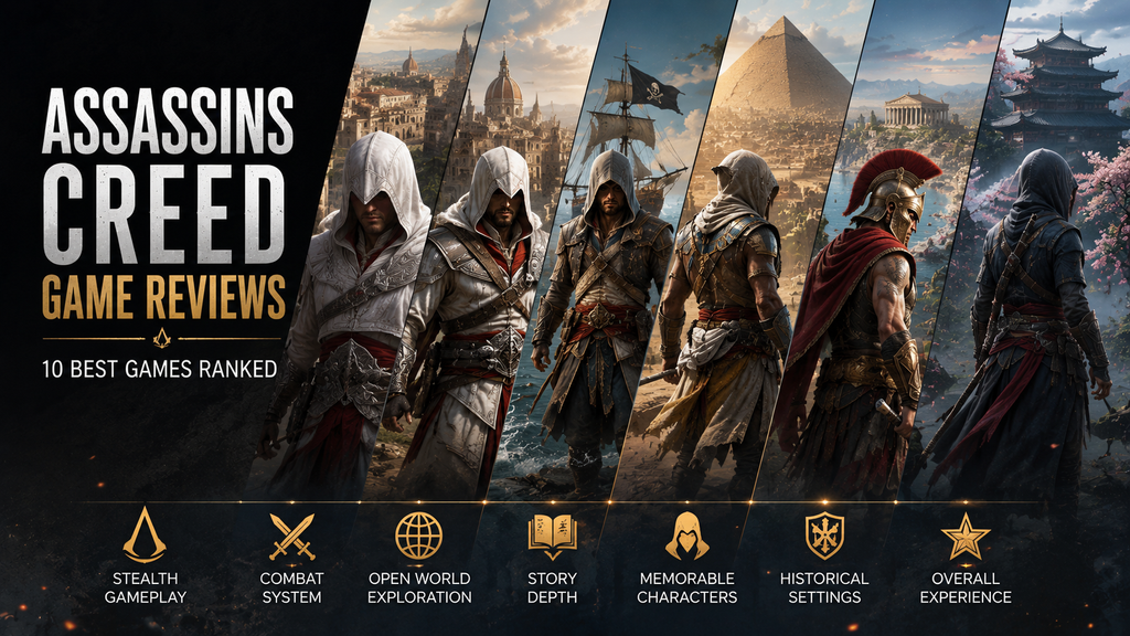 Assassin's Creed game reviews featuring a cinematic historical cityscape, hooded assassin, ancient ruins, pirate ships, and Japanese architecture.
