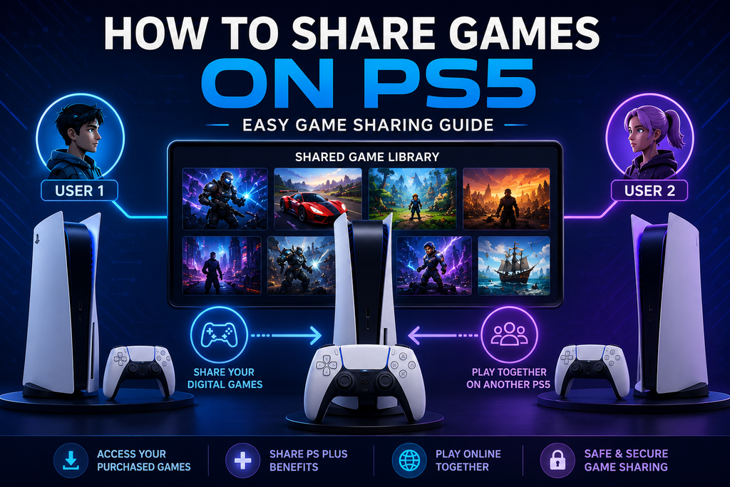 How to share games on PS5 featuring two PS5 consoles, two users, controllers, and a shared digital game library