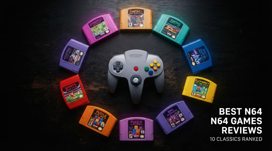 Best N64 games reviews featuring a retro controller surrounded by colorful fictional game cartridges representing different classic N64 game genres.