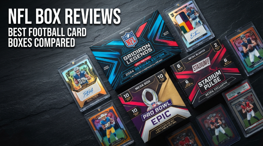 A professional editorial photograph of a high-end dark wood collector's desk. Several fictional football card hobby and retail boxes are arranged alongside protective sleeves, a magnifying loupe, and premium trading cards featuring original athletes. The background is a softly blurred American football stadium at night under bright stadium lights. Modern typography in the upper-left reads "NFL BOX REVIEWS" with the subtitle "BEST FOOTBALL CARD BOXES COMPARED."