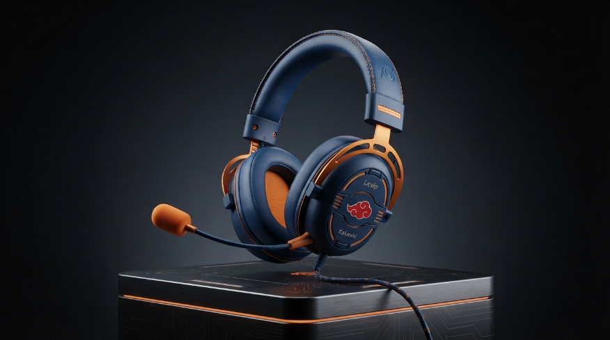 Professional product photograph of the Lexip Kakashi Tsume gaming headset, showcasing its sleek Naruto-themed blue and orange design on a dark pedestal with cinematic studio lighting.