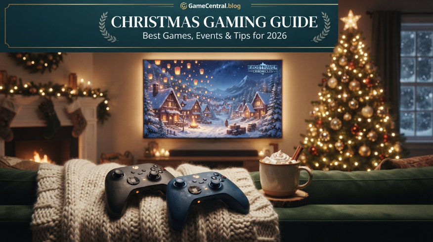 Professional editorial image for the Christmas Gaming Guide: Best Games, Events & Tips for 2026, showing a cozy festive living room with fictional gaming controllers, a glowing Christmas tree, and a snowy winter game on the TV screen.