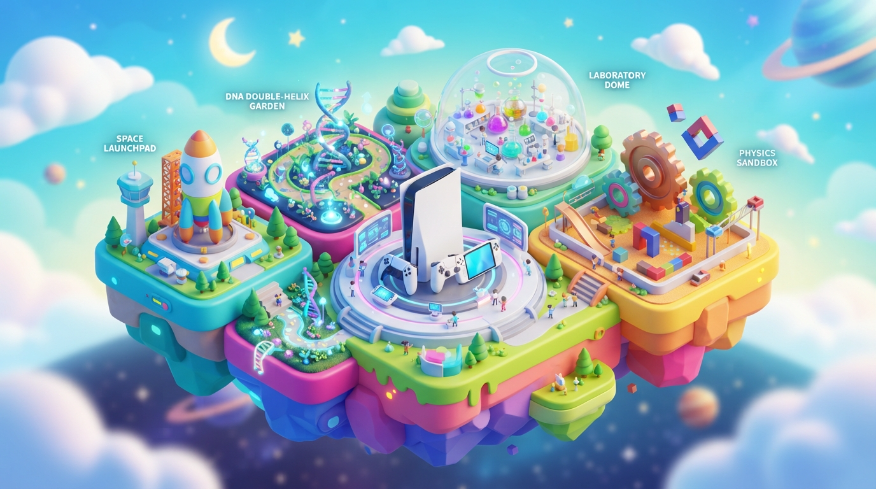 “Top science games illustrated by a colorful floating science world featuring a rocket launchpad, DNA garden, laboratory dome, physics sandbox, and gaming console.”