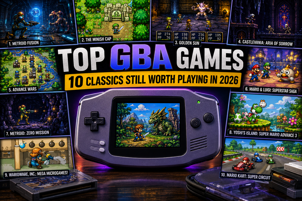 Top GBA Games featuring a classic handheld console with 10 iconic-style gaming scenes representing adventure, RPG, strategy, platforming, racing, and arcade gameplay.