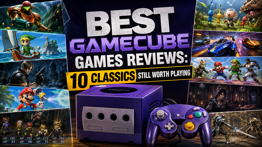 Best GameCube games reviews featuring a classic purple GameCube console and controller surrounded by iconic-style scenes from adventure, racing, horror, fighting, RPG, and platforming games