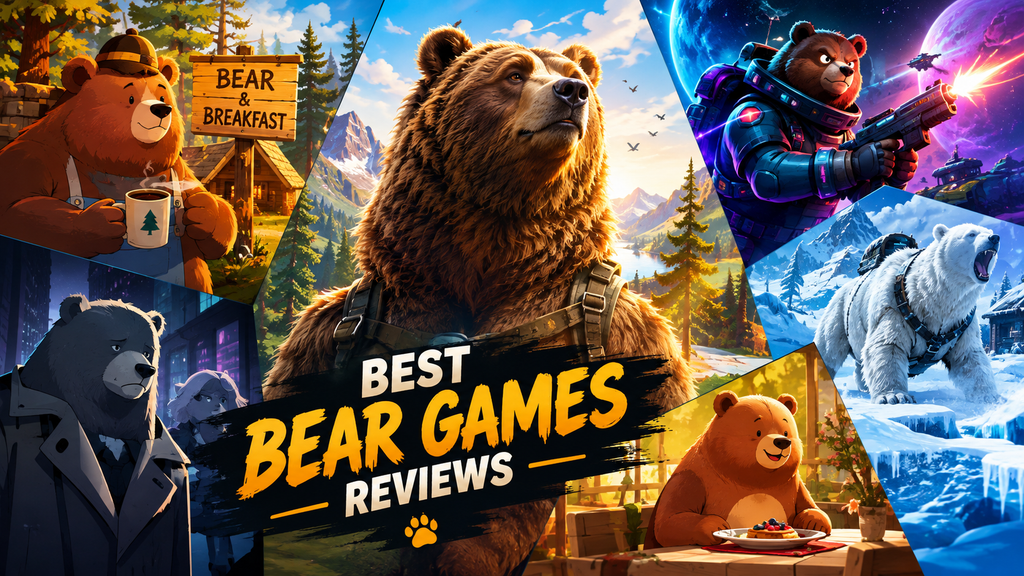 Best Bear Games Reviews featuring a variety of bear-themed video game characters, including a forest bear, space bear, polar bear, and cozy adventure scenes